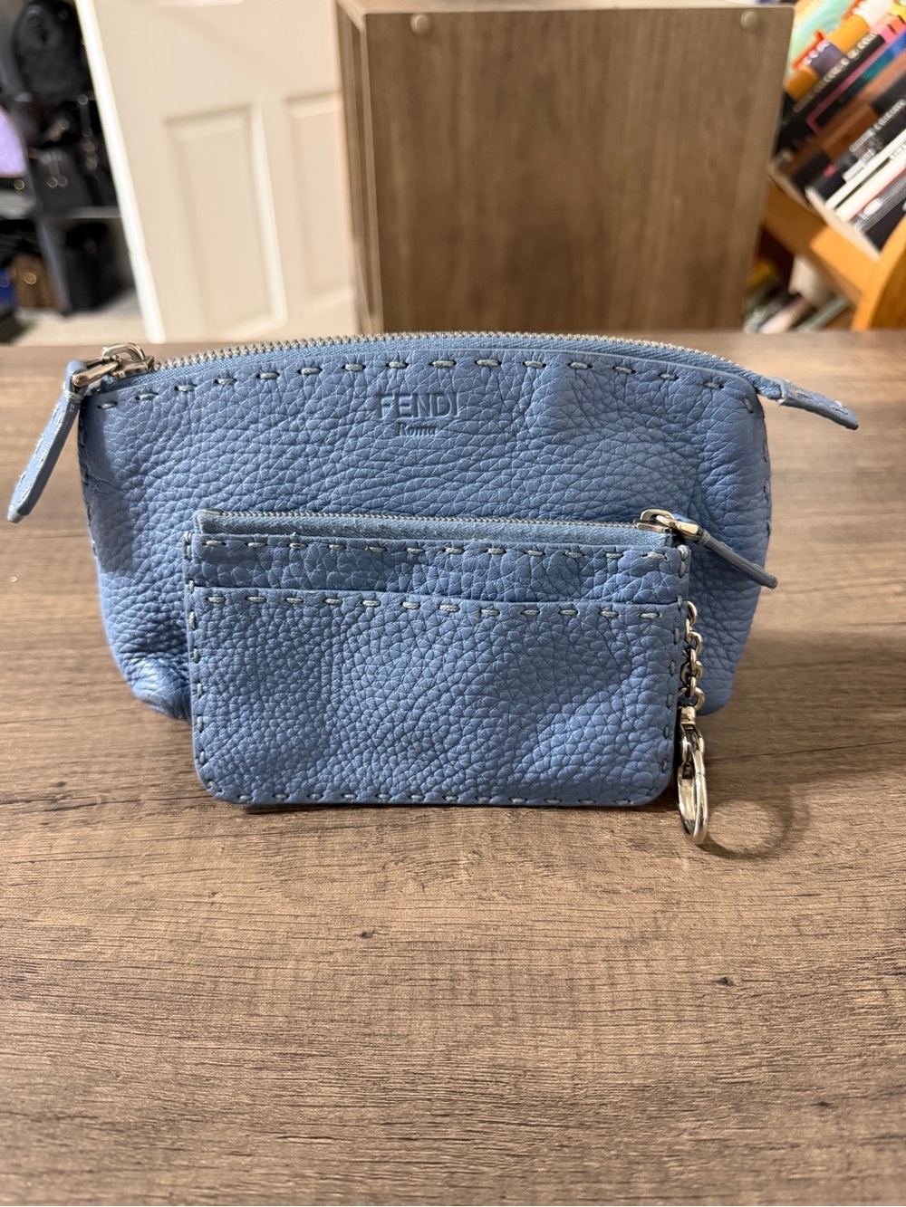 Fendi Blue Pebbled Leather Cosmetic Pouch with Card Holder